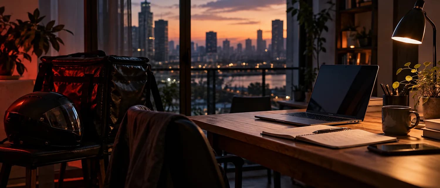 Scena illustrativa: postazione di studio al tramonto con vista sulla città